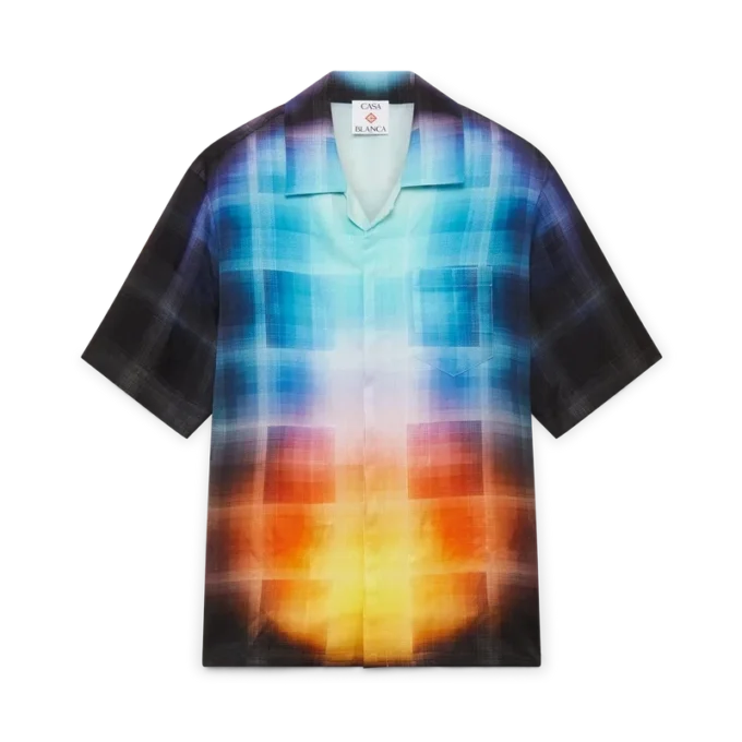 Camicia a maniche corte in misto viscosa con motivo a quadri sfumati in pantaloncini