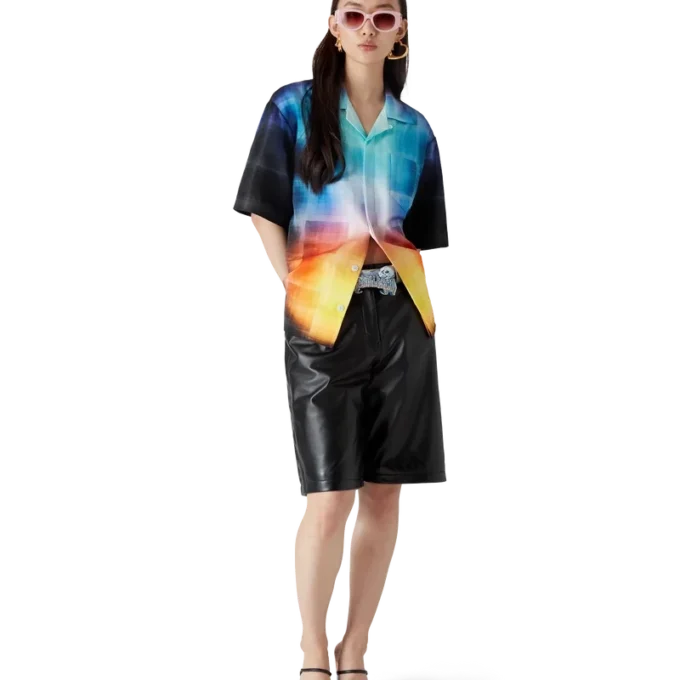 Camicia a maniche corte in misto viscosa con motivo a quadri sfumati in pantaloncini