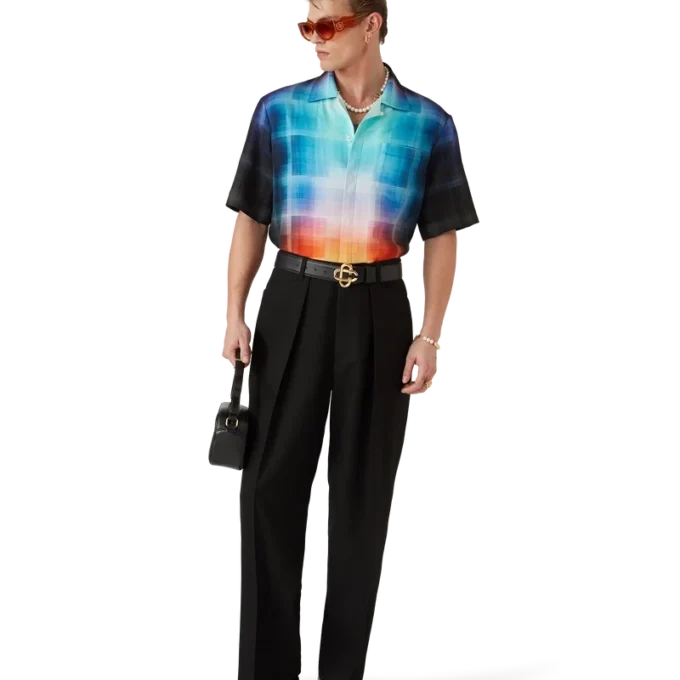 Camicia a maniche corte in misto viscosa con motivo a quadri sfumati in pantaloncini