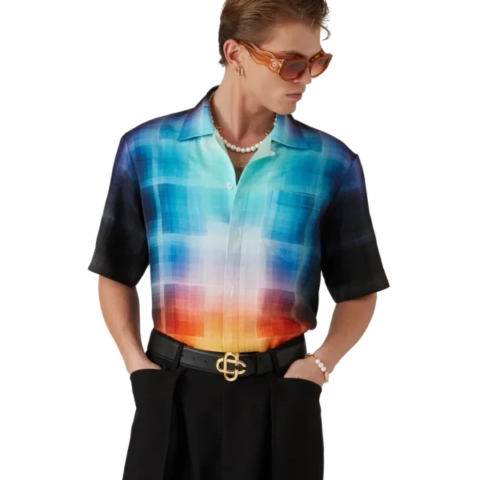 Camicia a maniche corte in misto viscosa con motivo a quadri sfumati in pantaloncini