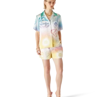 Camicia a pantaloncini con colletto cubano e logo in mezzitoni