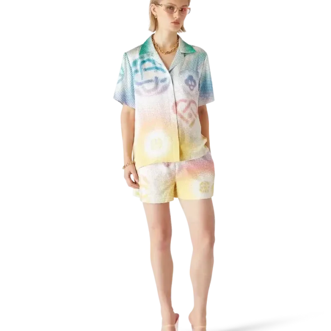 Camicia a pantaloncini con colletto cubano e logo in mezzitoni