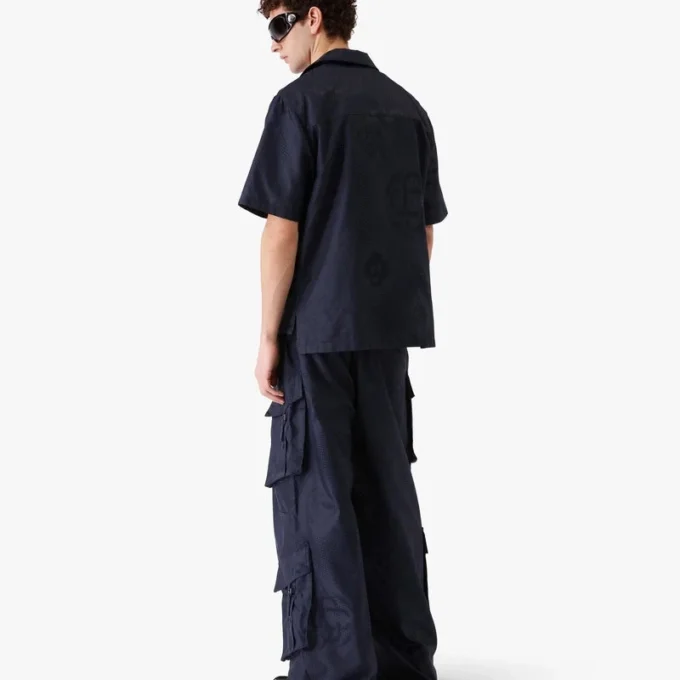 Camicia a pantaloncini con monogramma in mezzitoni blu navy Camicia a pantaloncini con monogramma in mezzitoni blu navy