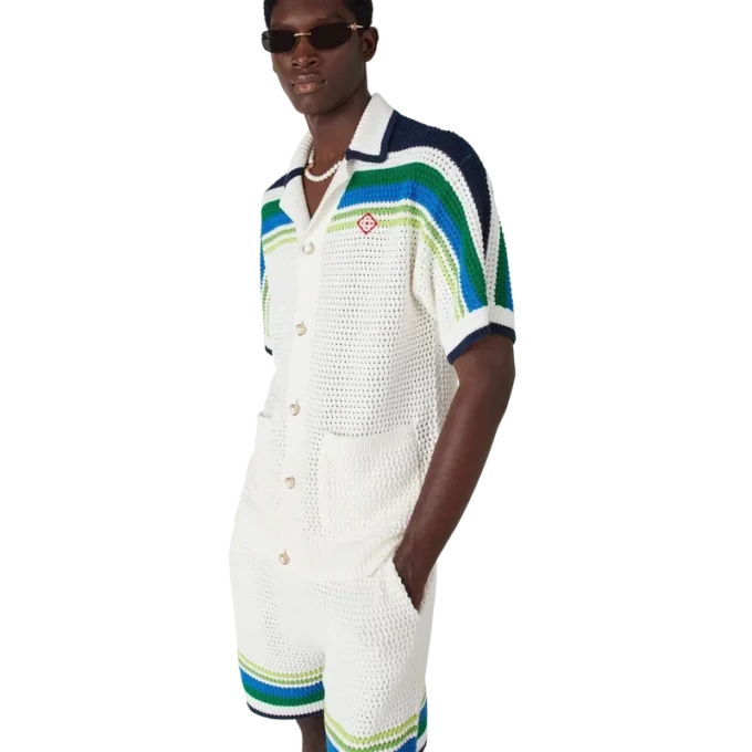 Camicia a righe in maglia a maniche corte in pantaloncini Camicia a righe in maglia a maniche corte in pantaloncini