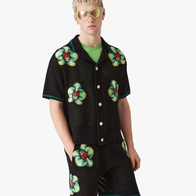 Camicia all’uncinetto a pantaloncini con ricamo Glitch Orchid