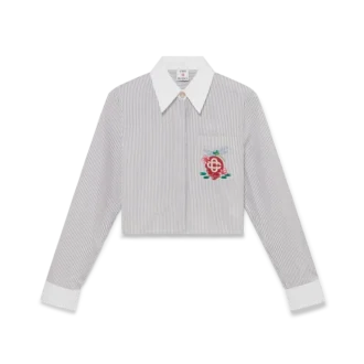 Camicia corta in cotone gessato ricamata