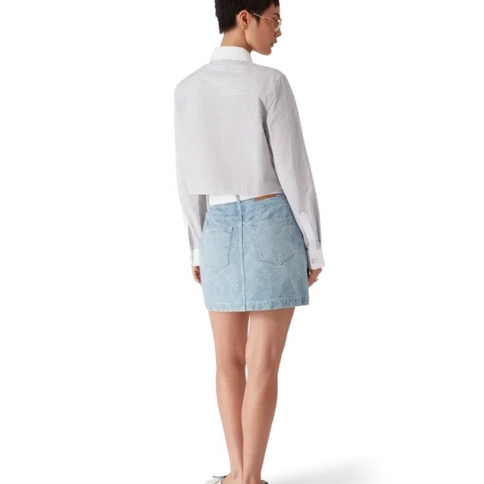 Camicia corta in cotone gessato ricamata