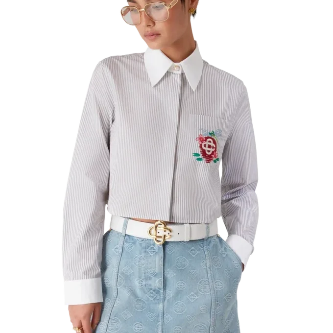 Camicia corta in cotone gessato ricamata