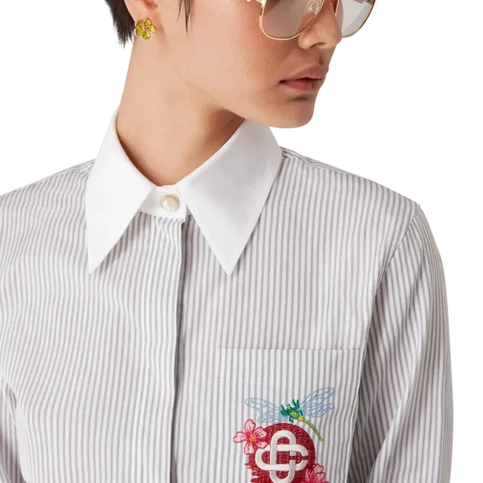Camicia corta in cotone gessato ricamata