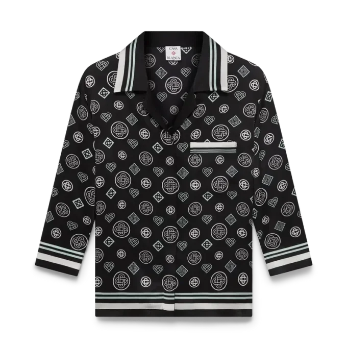 Camicia da pigiama in raso di seta con monogramma