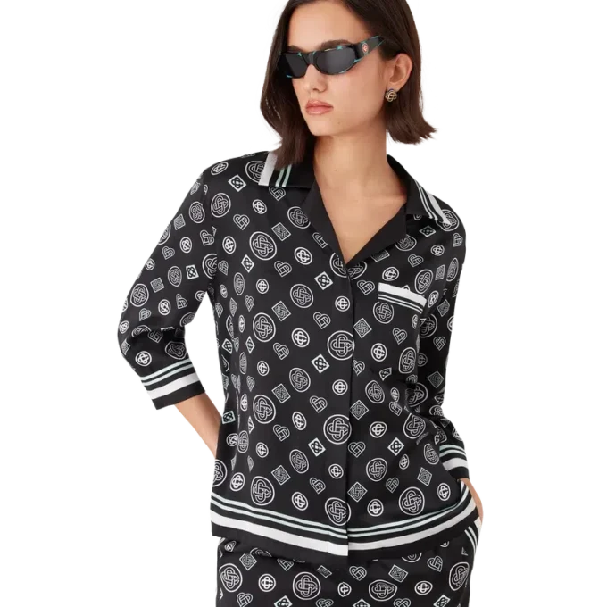 Camicia da pigiama in raso di seta con monogramma