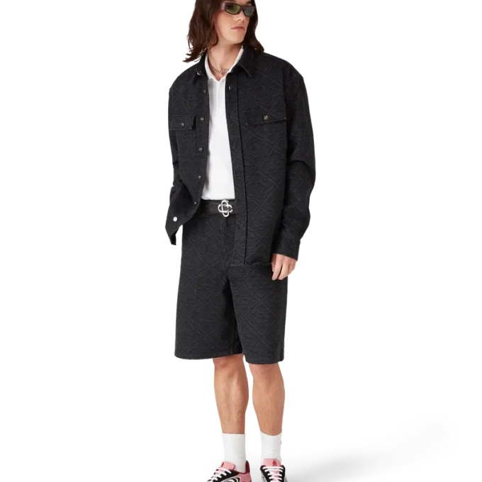 Camicia in denim a maniche lunghe nera con motivi laser