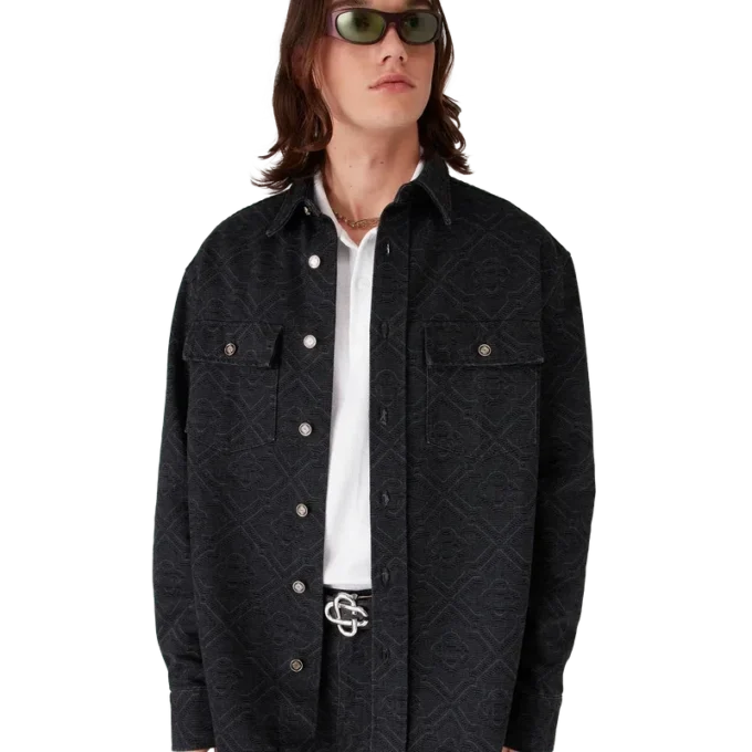 Camicia in denim a maniche lunghe nera con motivi laser