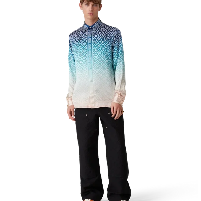 Camicia in seta a maniche lunghe con motivo jacquard sfumato