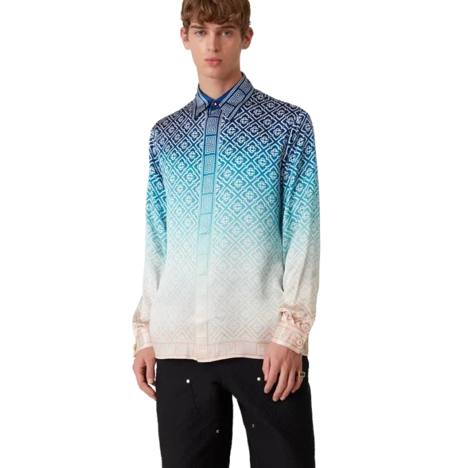 Camicia in seta a maniche lunghe con motivo jacquard sfumato