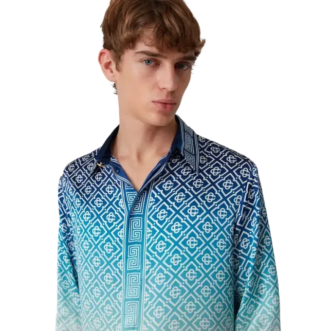 Camicia in seta a maniche lunghe con motivo jacquard sfumato