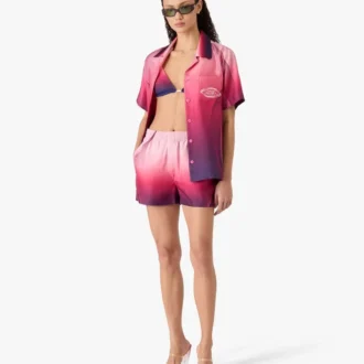 Camicie in seta a maniche corte con colletto cubano e sfumatura melanzana