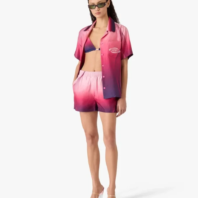 Camicie in seta a maniche corte con colletto cubano e sfumatura melanzana