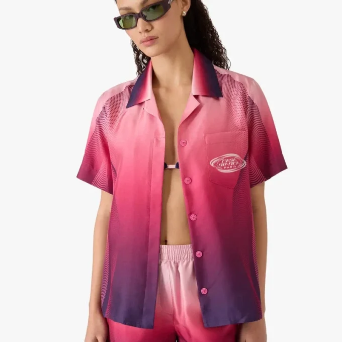 Camicie in seta a maniche corte con colletto cubano e sfumatura melanzana