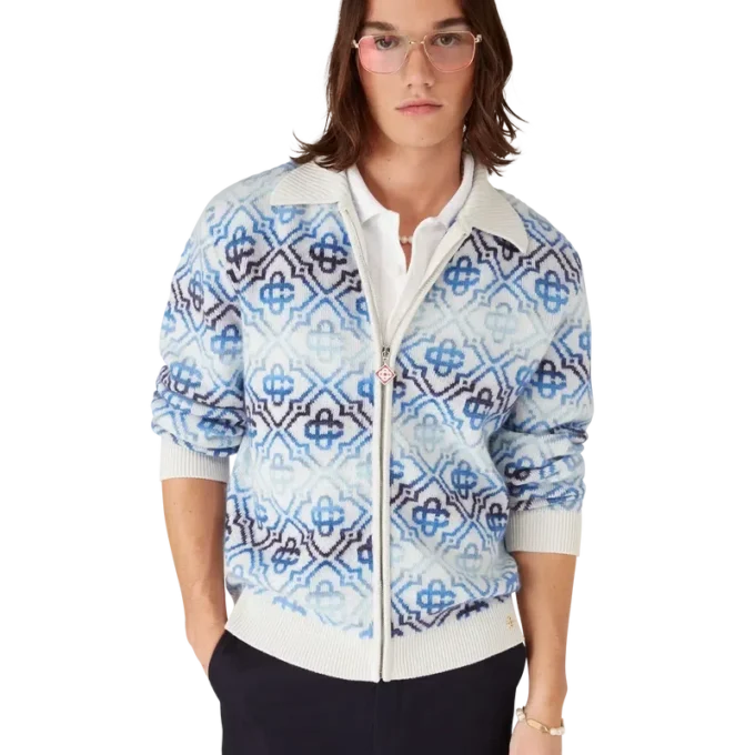 Cardigan in lana merino a maniche lunghe con monogramma Space Dye