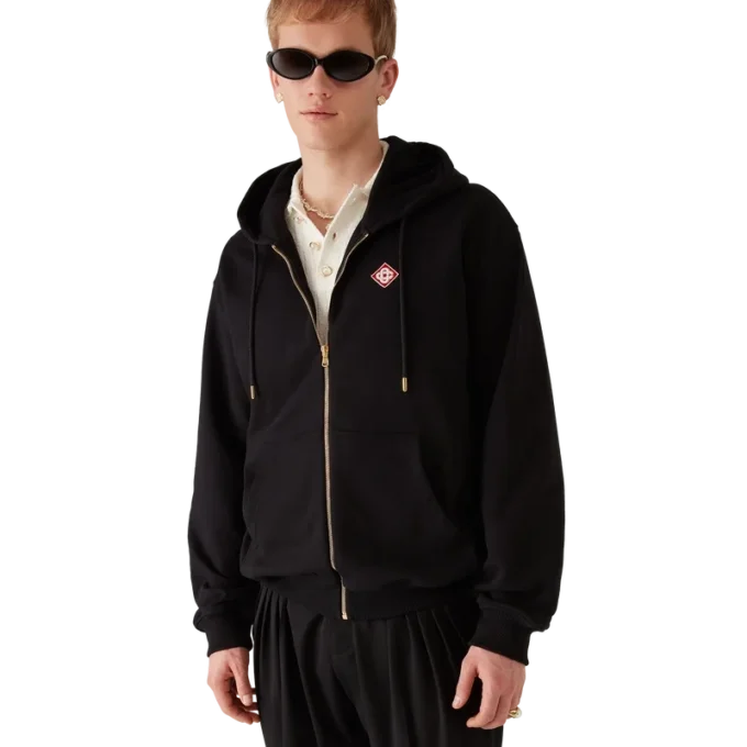 Felpa con cappuccio e zip con logo a rombi