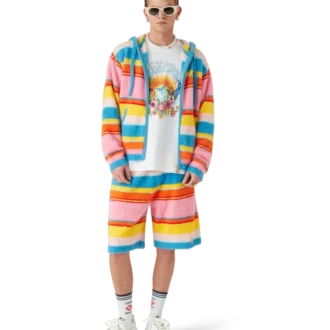 Felpa oversize con cappuccio a righe e tessuto felpato