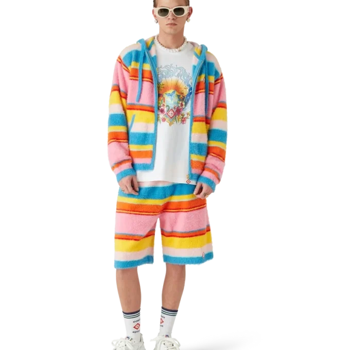 Felpa oversize con cappuccio a righe e tessuto felpato