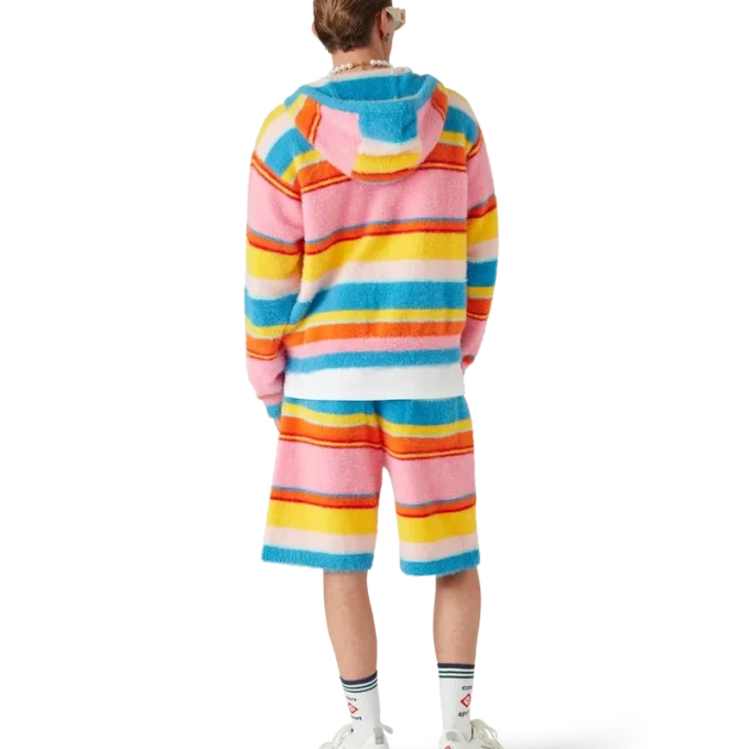 Felpa oversize con cappuccio a righe e tessuto felpato