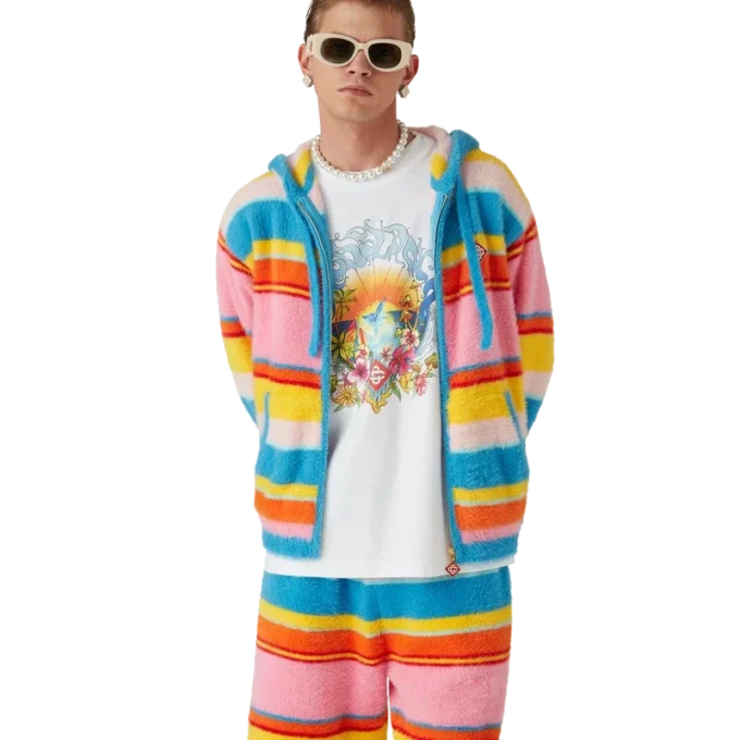 Felpa oversize con cappuccio a righe e tessuto felpato