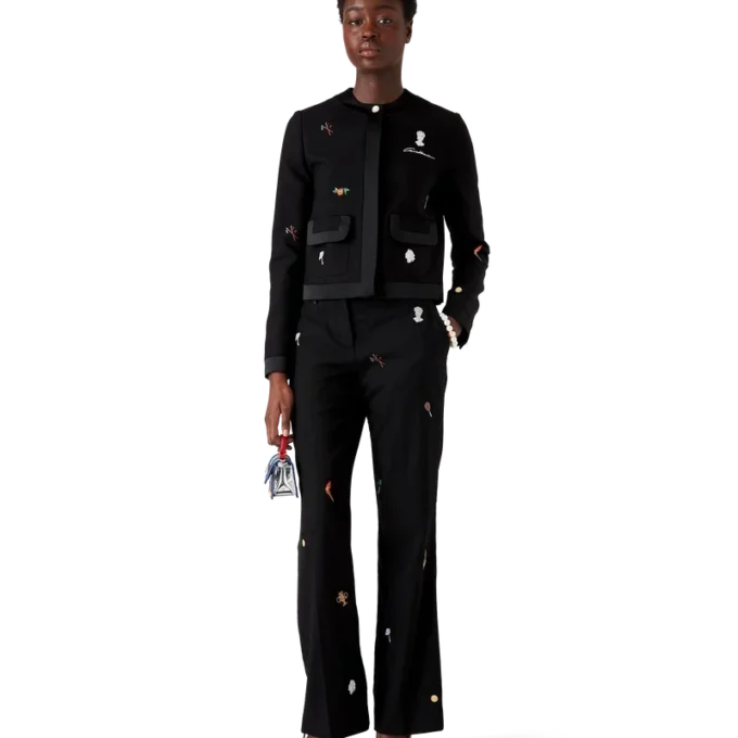 Pantaloni sartoriali in lana con motivo ricamato