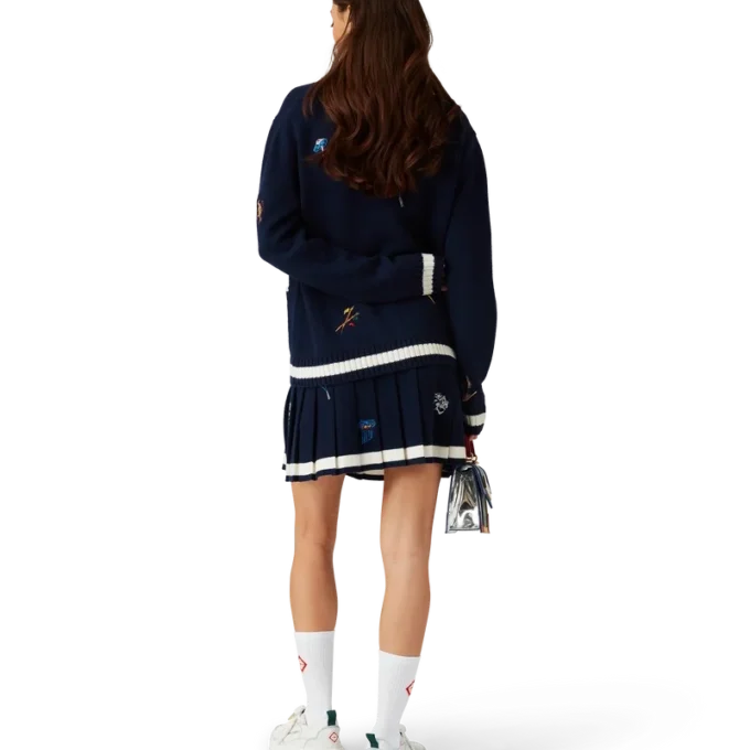 Gonna a pieghe in lana e cashmere con motivo ricamato