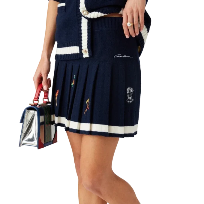 Gonna a pieghe in lana e cashmere con motivo ricamato