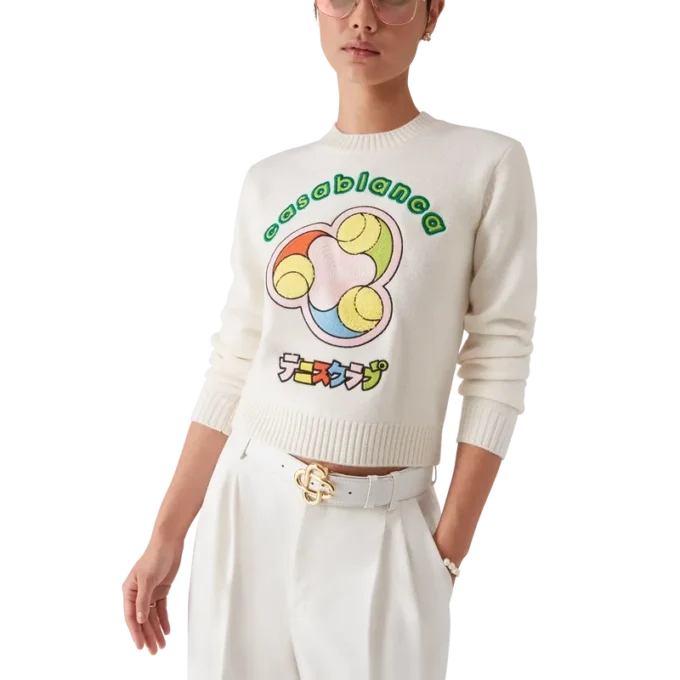 Maglia in lana merino con motivo a palline da tennis e collo rotondo