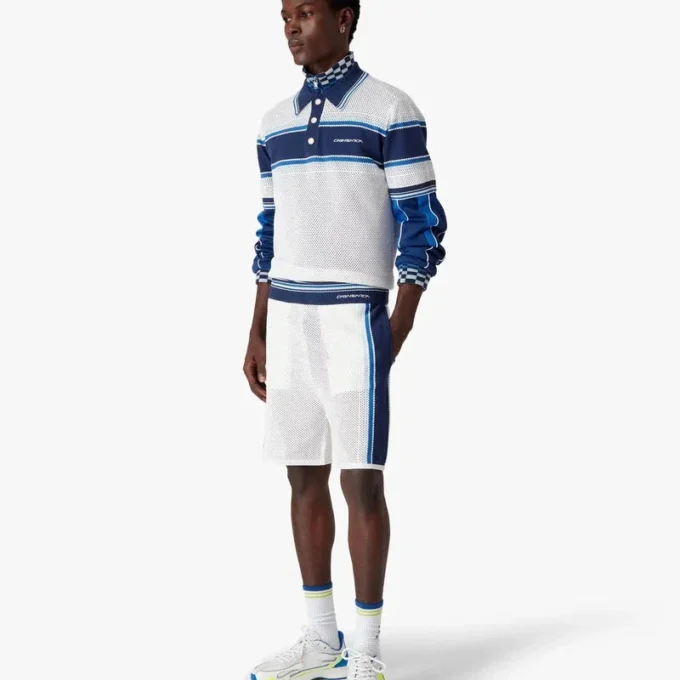 Pantaloncini da ginnastica in rete a righe bianche e blu