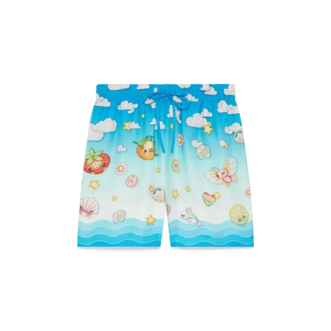 Pantaloncini in twill di seta con motivo Kawaii