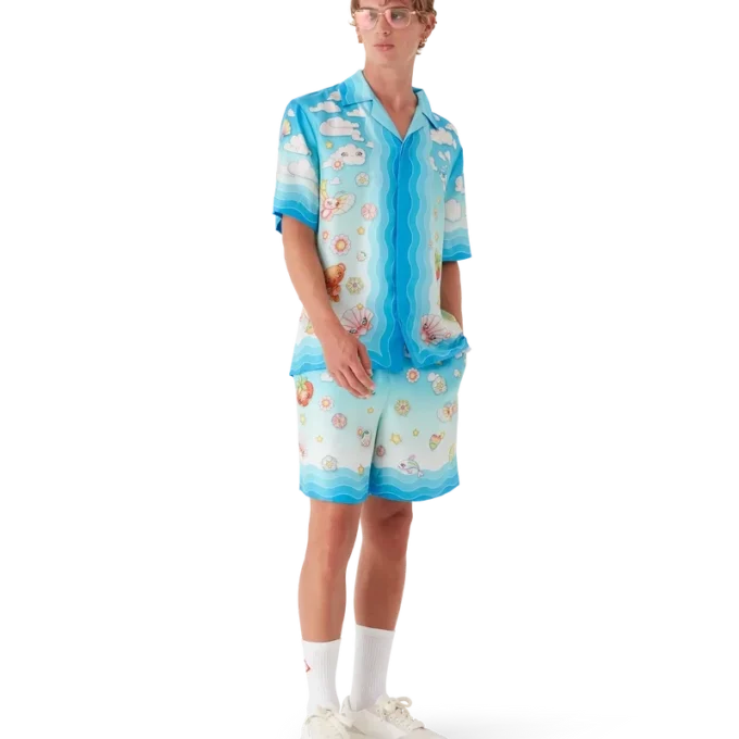 Pantaloncini in twill di seta con motivo Kawaii