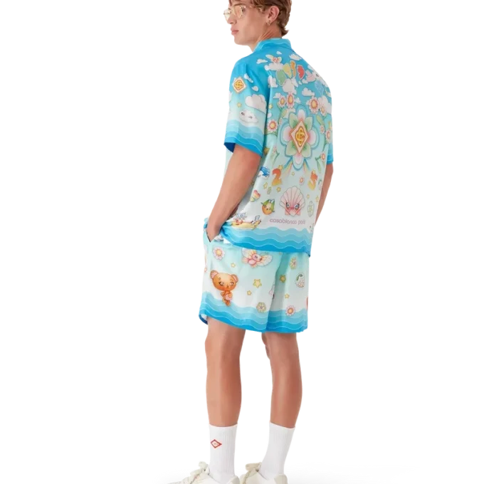 Pantaloncini in twill di seta con motivo Kawaii