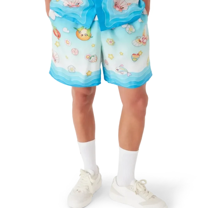 Pantaloncini in twill di seta con motivo Kawaii
