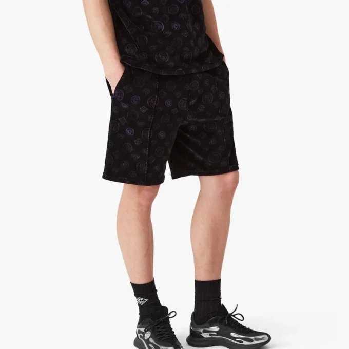 Pantaloncini in velluto con monogramma viola