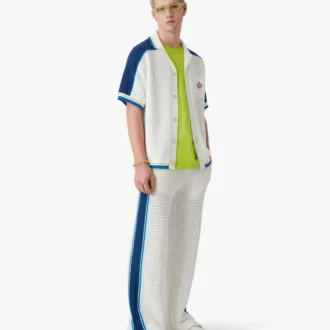 Pantaloni da ginnastica in rete a righe bianche e blu