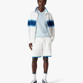 Polo a maniche corte con monogramma blu a punto traforato in pantaloncini