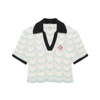 Polo corta in cotone all’uncinetto con motivo a onde