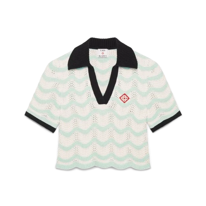 Polo corta in cotone all’uncinetto con motivo a onde