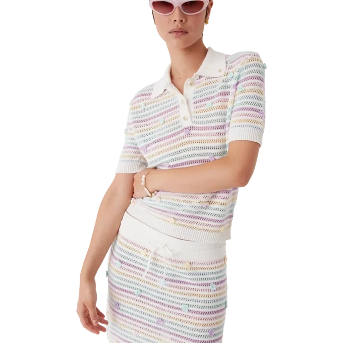 Polo in cotone all’uncinetto a righe floreali