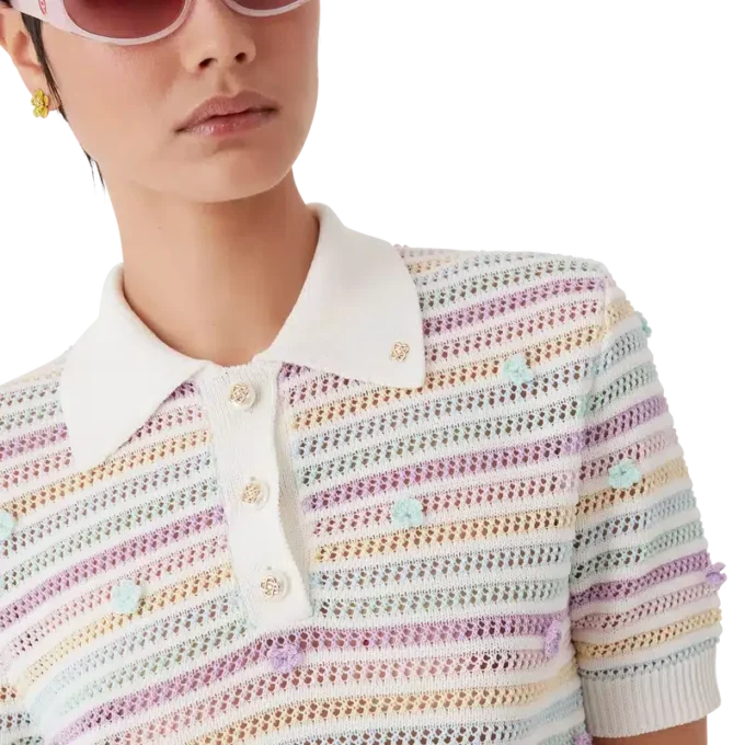 Polo in cotone all’uncinetto a righe floreali