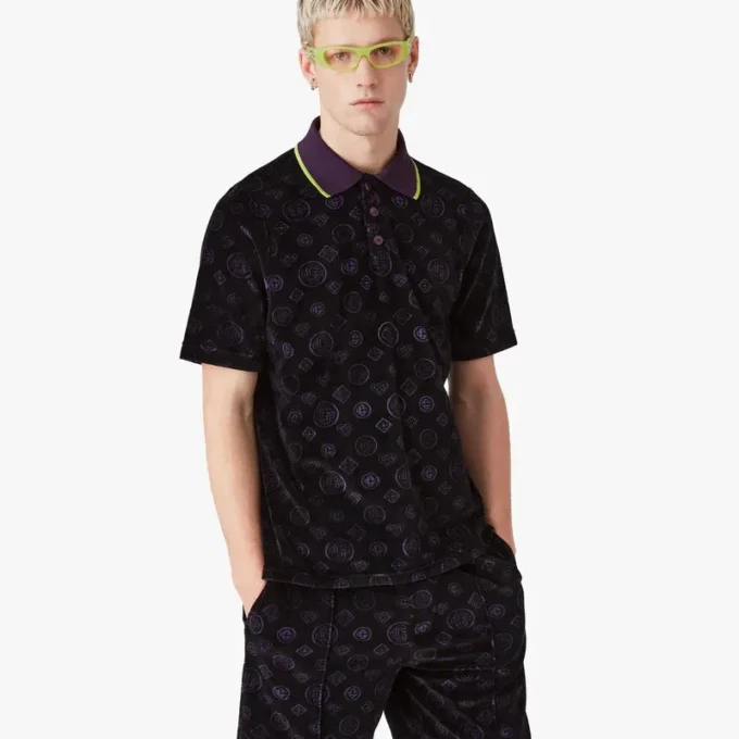 Polo in velluto con monogramma viola