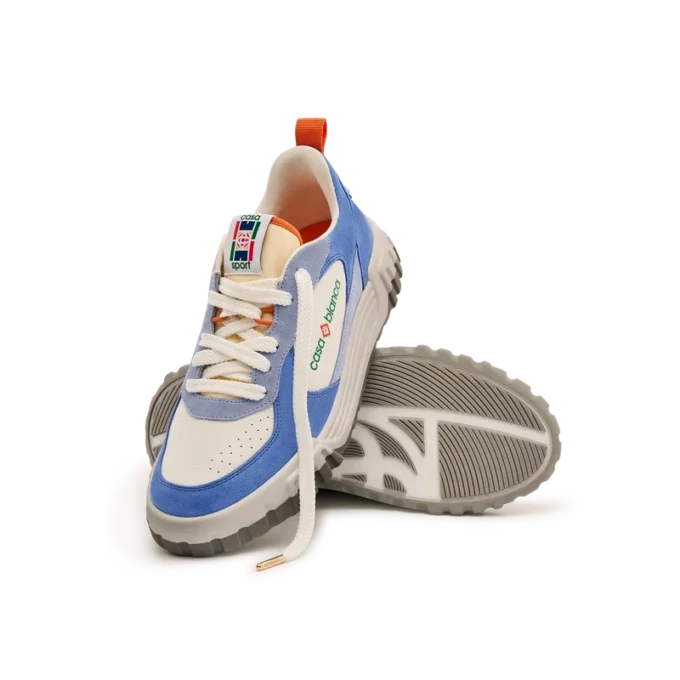 Sneaker da tennis da uomo in pelle scamosciata bianca e blu