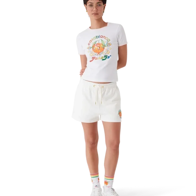 T-shirt a maniche corte con pantaloncini e mascotte arancione