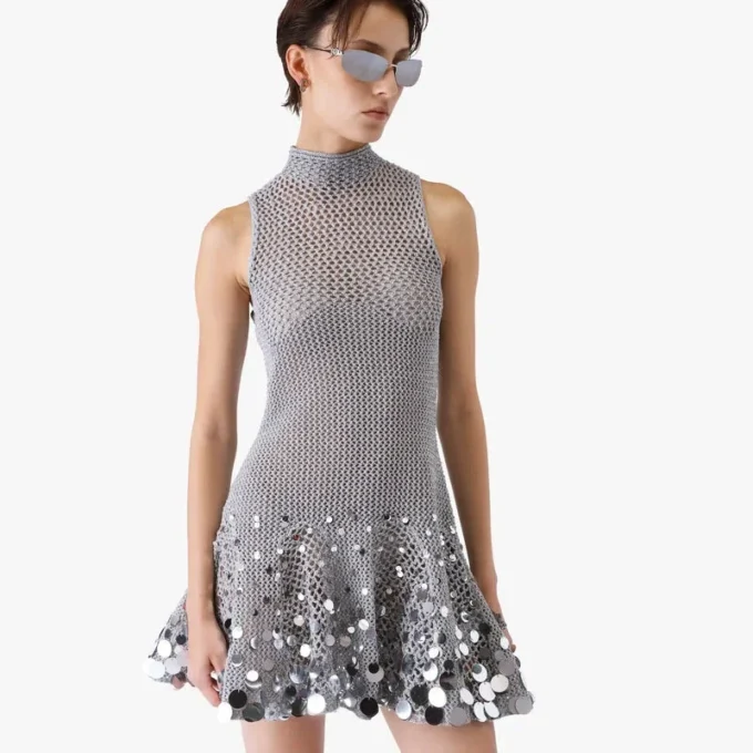 Vestito con specchio all’uncinetto argento