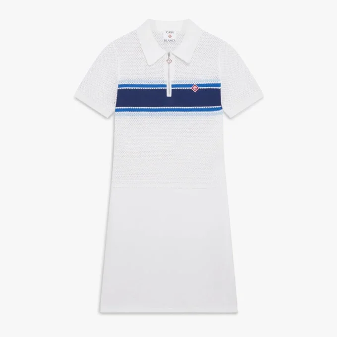 Vestito midi in rete a righe bianche e blu